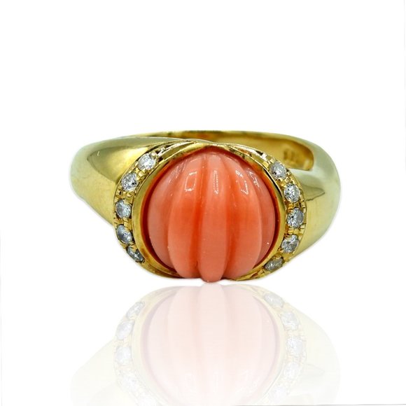 18K Yellow Gold Diamond Coral Ring